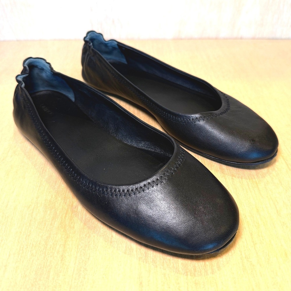 Quince Women 8 Black Leather Ballet Flat Elastic Heel Minimalist Classic Shoes